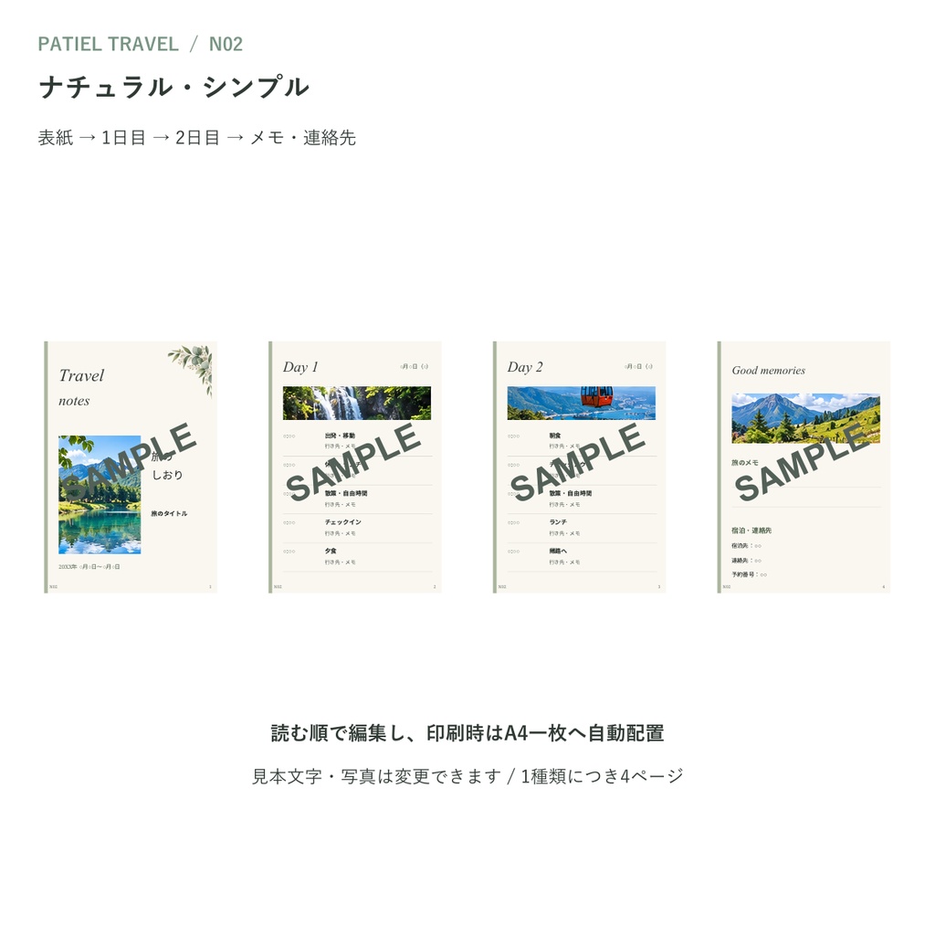 旅のしおりテンプレート5種|TRAVEL Vol.2【Canva編集・A4一枚・A6四つ折り・マニュアル付き】