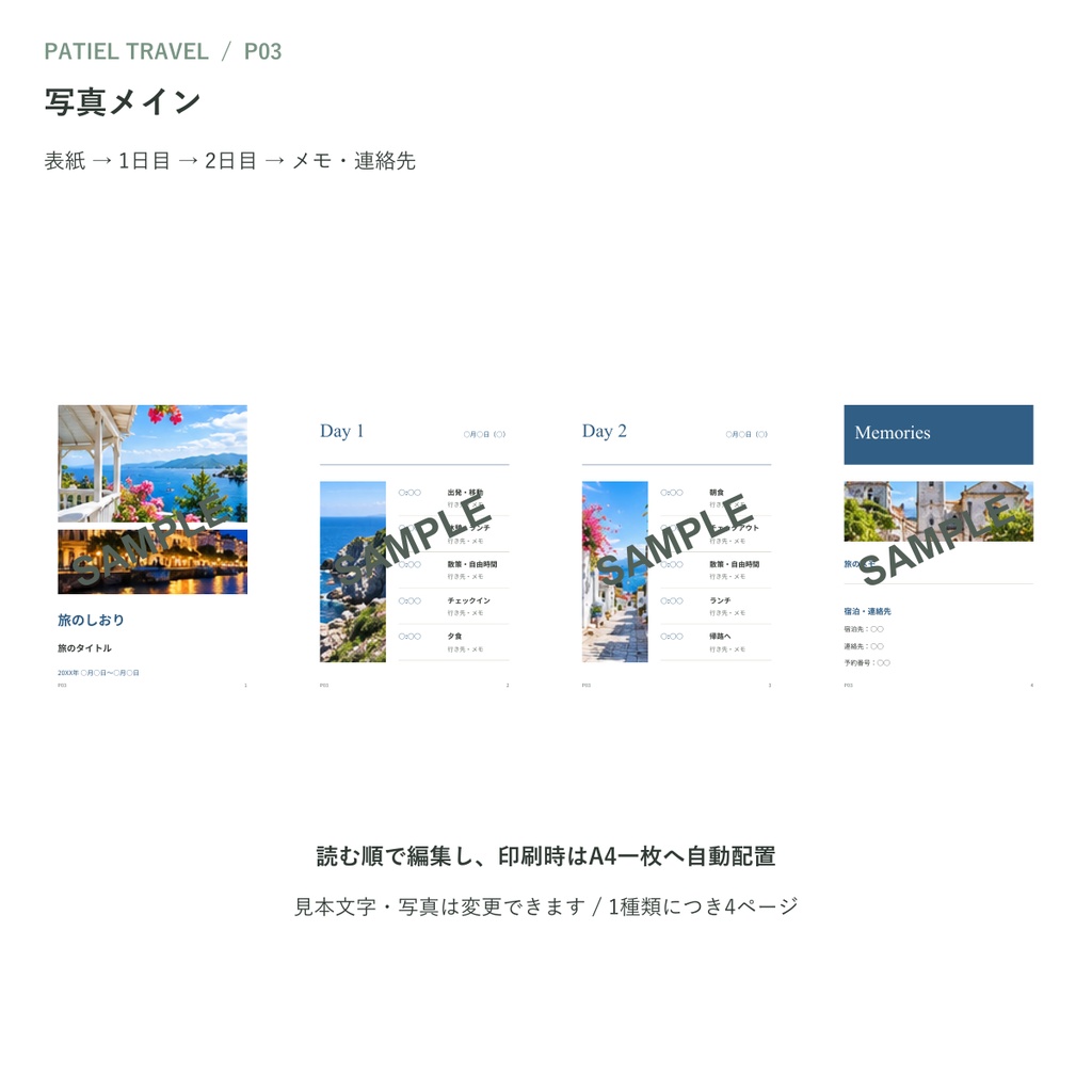 旅のしおりテンプレート5種|TRAVEL Vol.3【Canva編集・A4一枚・A6四つ折り・マニュアル付き】