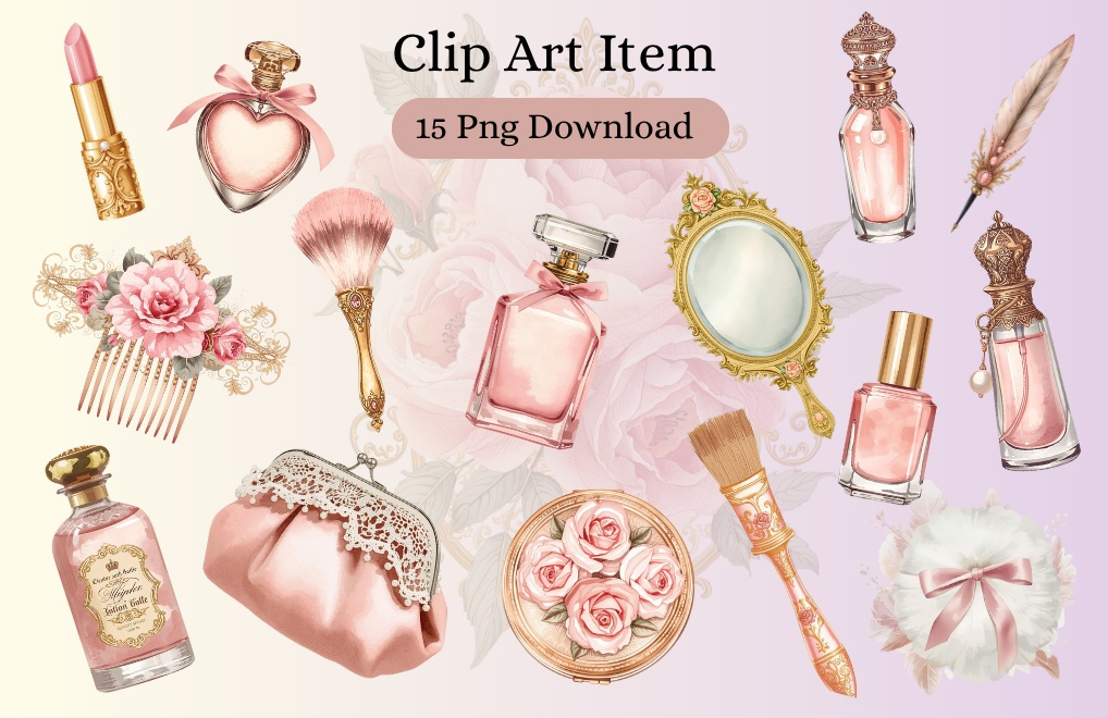 ピンクのアンティークコスメ 水彩クリップアートコレクション(15点セット)