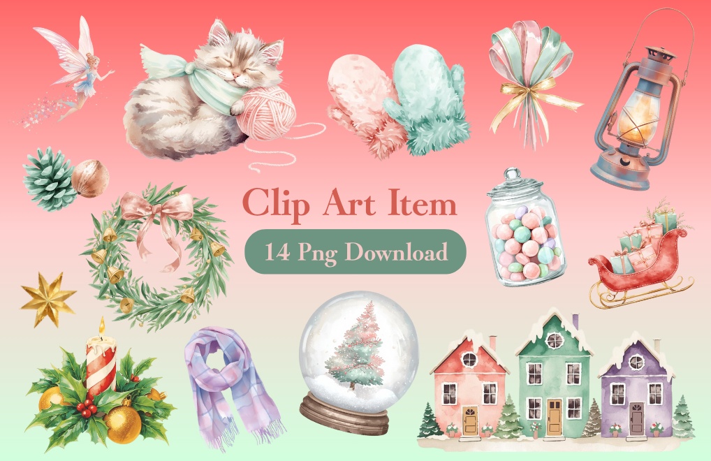 パステルクリスマス クリップアートセット – 水彩風イラスト15点