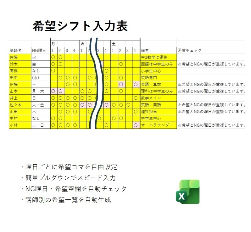 ★講師希望・確定シフト管理テンプレート【Advanced】★曜日別希望コマ対応・自動チェック搭載★