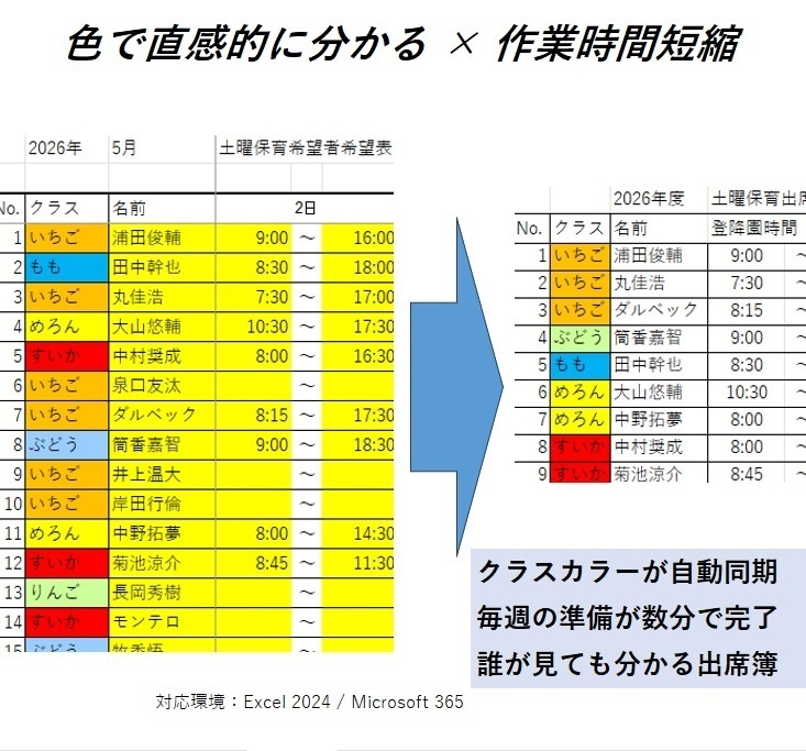 ★土曜保育管理テンプレート【Advanced】★― クラスカラー対応版 ―★