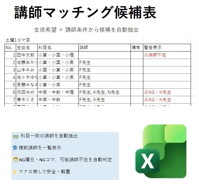 講師マッチング候補抽出テンプレート 【科目1~3・土曜4コマ版】