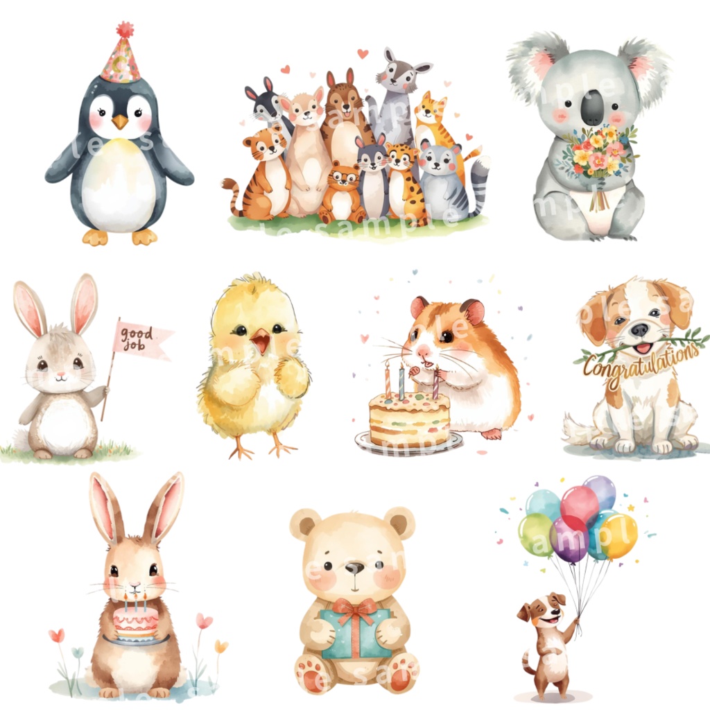【お祝いするどうぶつたち】水彩アニマルイラスト|誕生日・手帳・SNS用クリップアート(PNG背景透過)