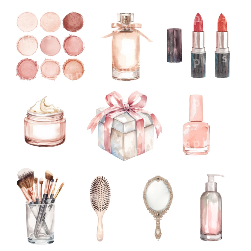 大人可愛い水彩コスメ30種|デジタルプランナーステッカー|GoodNotes手帳デコ・SNS素材(背景透過)