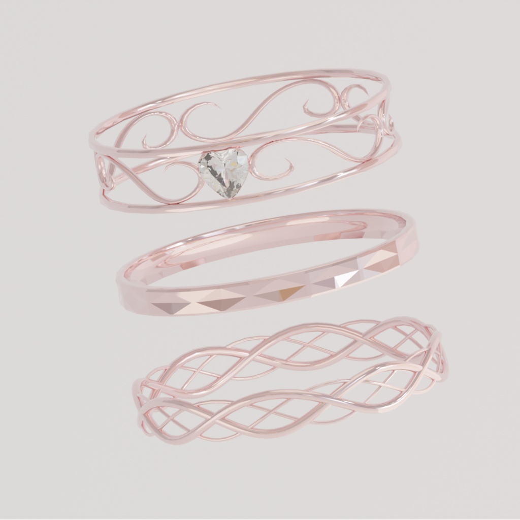 【3D】ハートの指輪とシンプルな指輪の三点セット