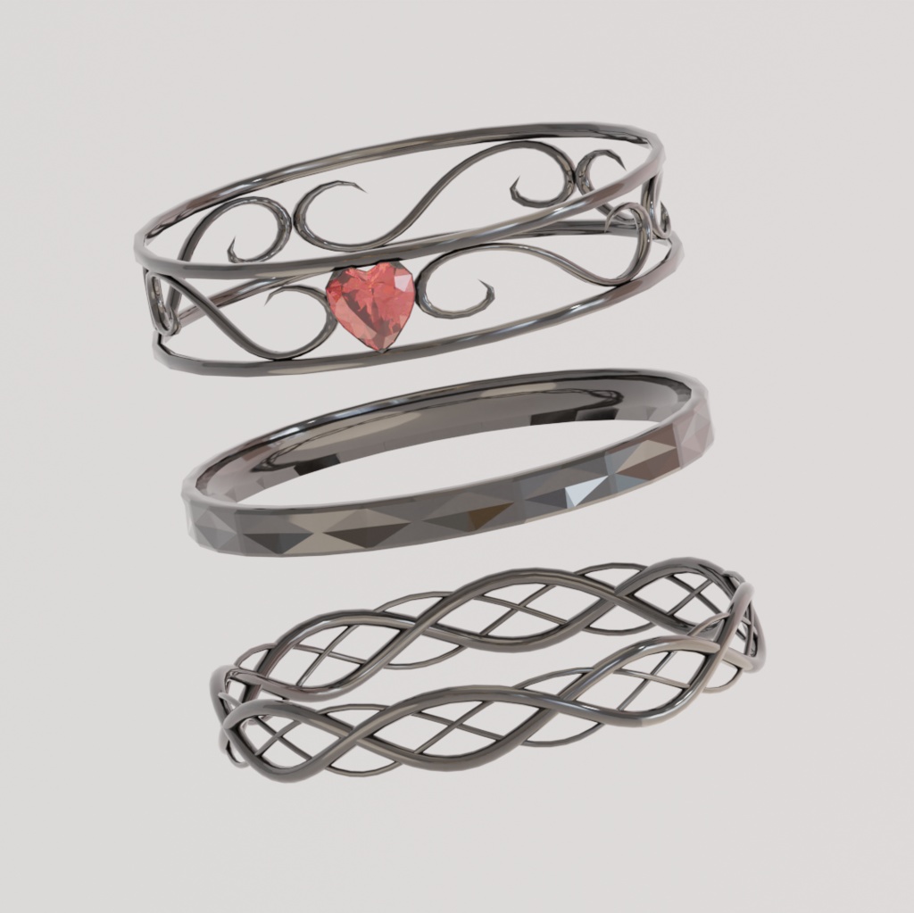 【3D】ハートの指輪とシンプルな指輪の三点セット