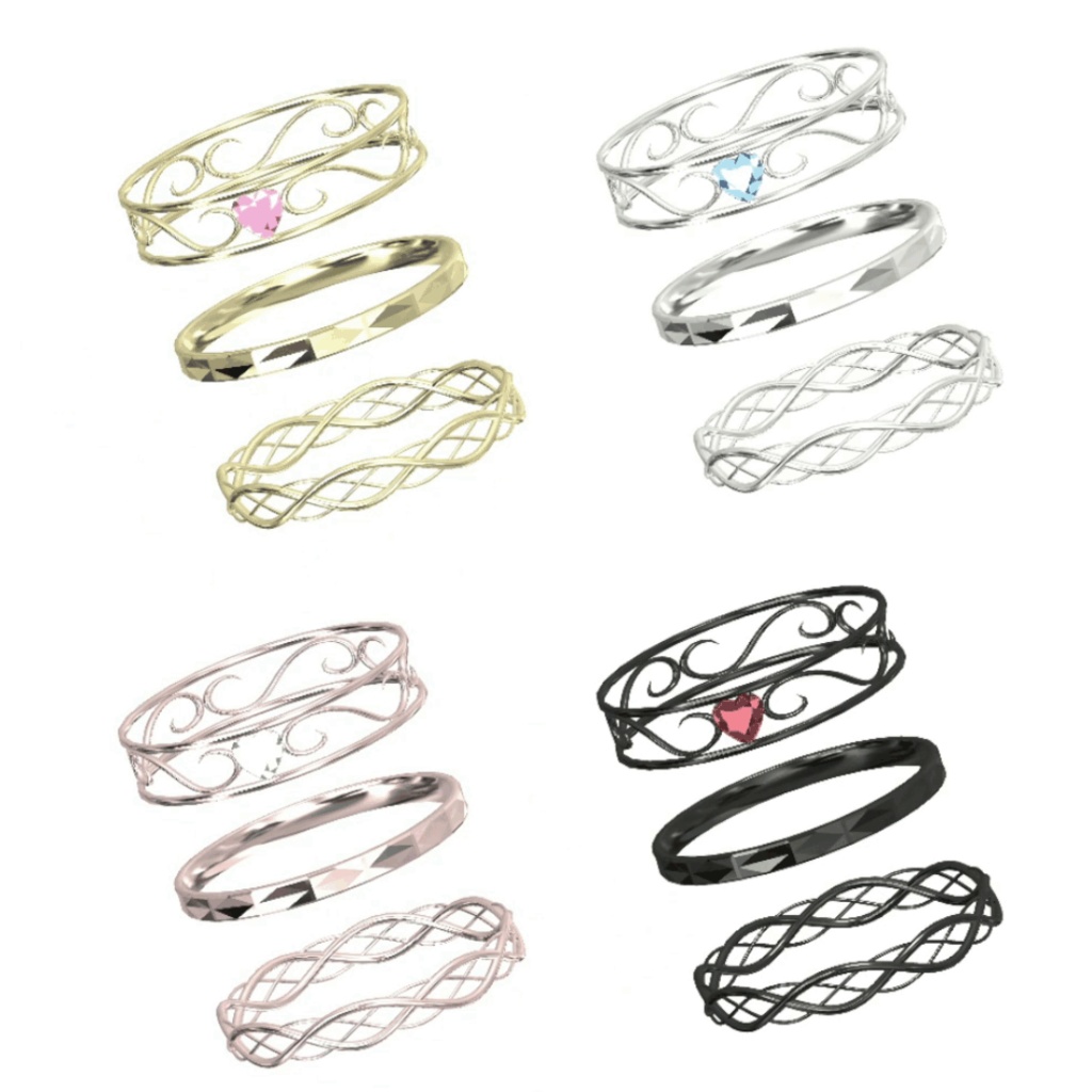 【3D】ハートの指輪とシンプルな指輪の三点セット