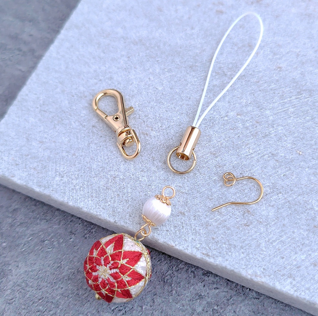 【パーツ(金具)が選べる】一粒手まり - 白 × 真朱 -