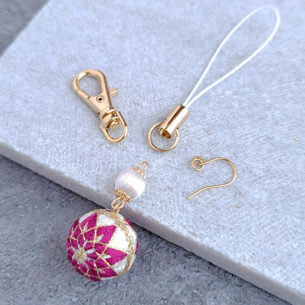 【パーツ(金具)が選べる】一粒手まり - 白 × 帝王紫 -