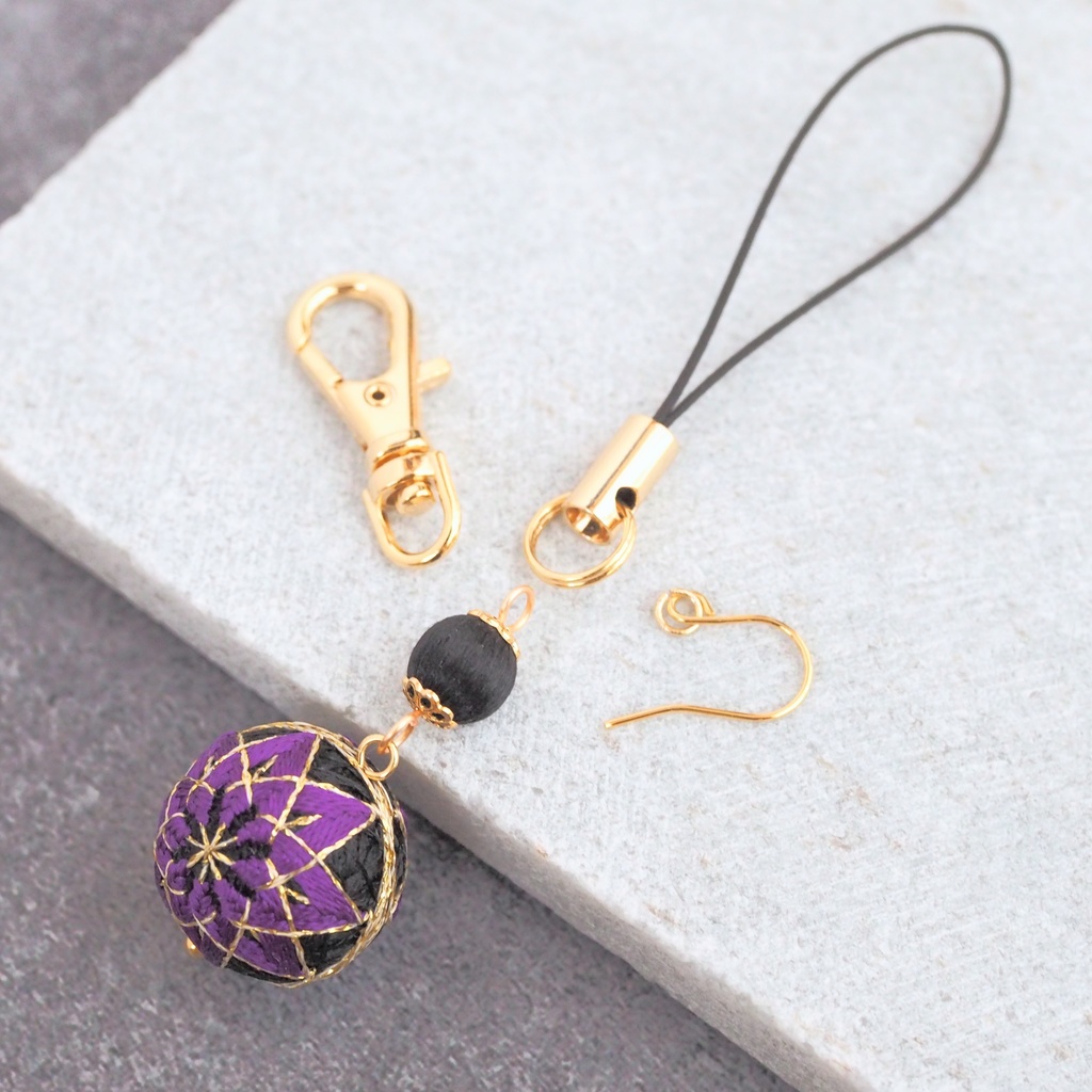 【パーツ(金具)が選べる】一粒手まり - 黒 × 江戸紫 -