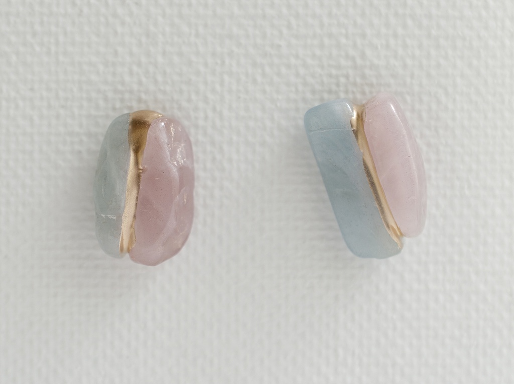 天然石の金継ぎイヤリング／ピアス［16：アクアマリン×ローズクォーツ］
