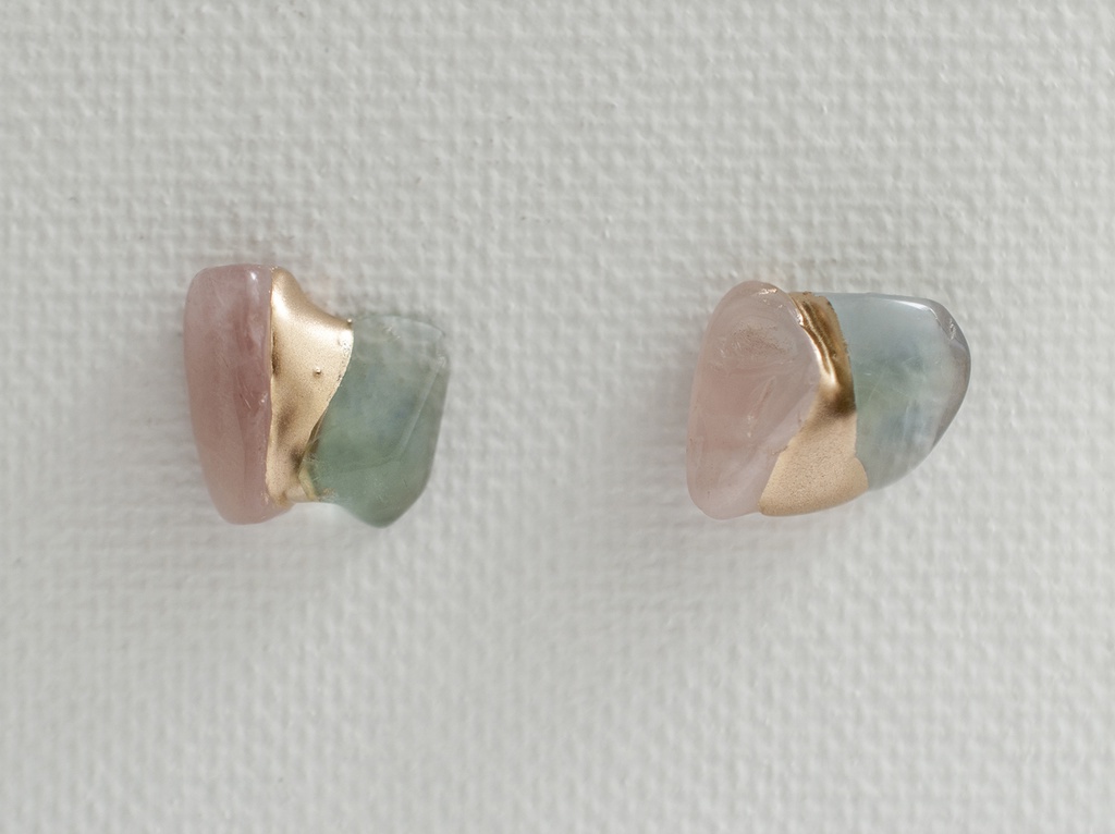 天然石の金継ぎイヤリング／ピアス［14：ローズクォーツ×フローライト緑］
