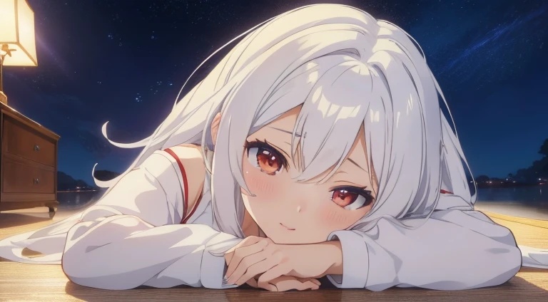 白髪女の子の寝そべりイラスト