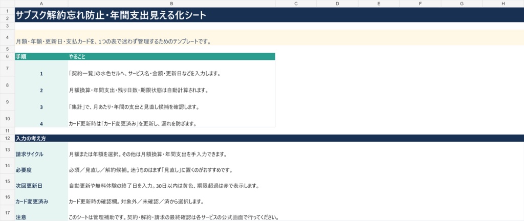サブスク解約忘れ防止シート|年間支出・更新日・カード変更をExcelで管理