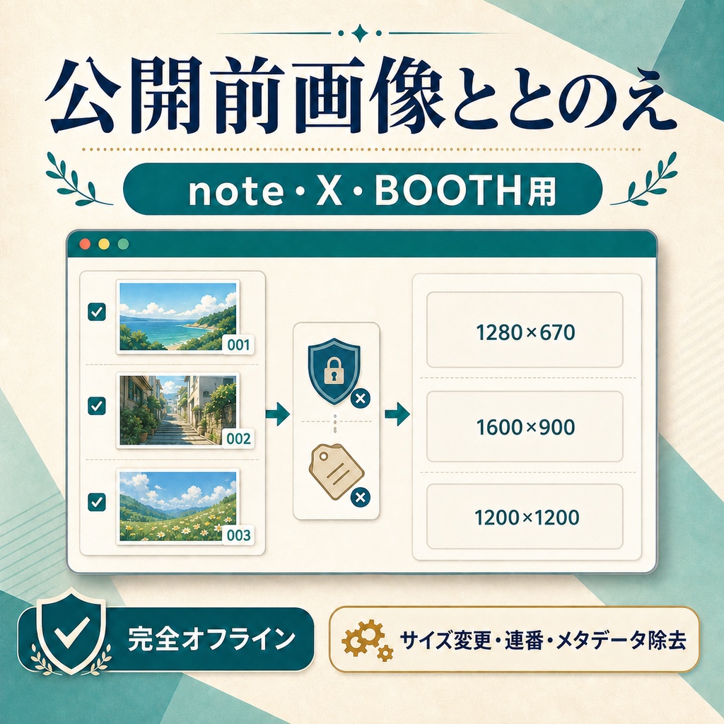 公開前画像ととのえ｜note・X・BOOTH用リサイズ・連番・位置情報除去