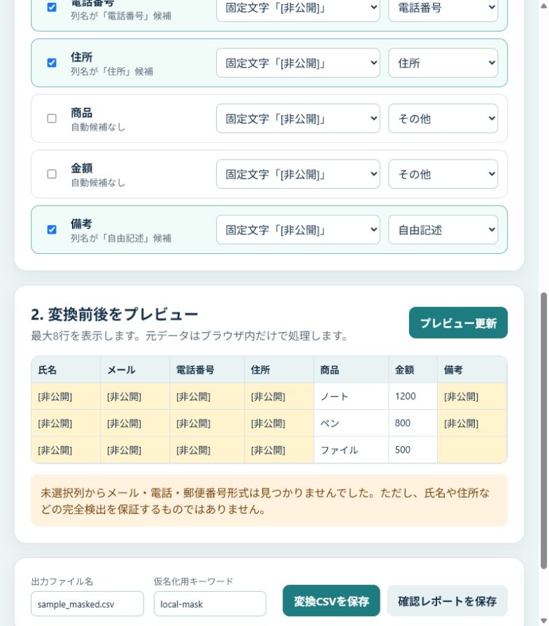 AI・外注前 CSV個人情報かくし|完全オフラインで伏字・仮名化