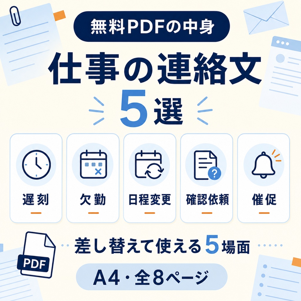 仕事の連絡文5選|遅刻・欠勤・日程変更・確認・催促【無料PDF】