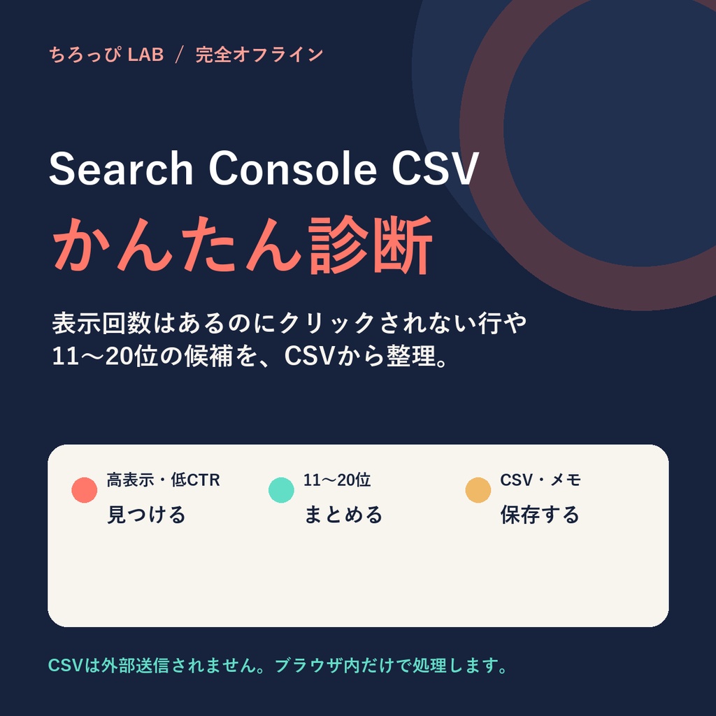 Search Console CSV かんたん診断｜高表示・低CTRと11〜20位をオフライン整理
