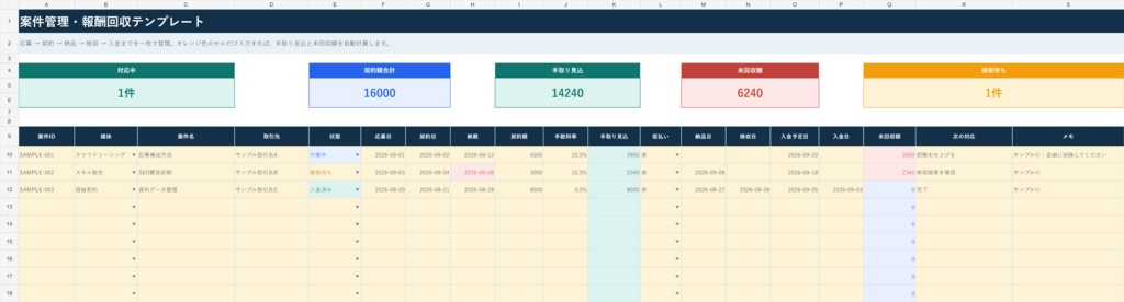 案件管理・報酬回収テンプレート|応募・納品・検収・入金をExcelで一元管理