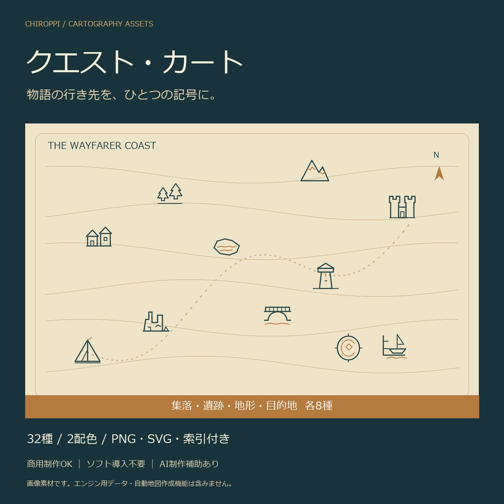 クエスト・カート｜創作用地図記号32種・透過PNG/SVG・配置見本付き
