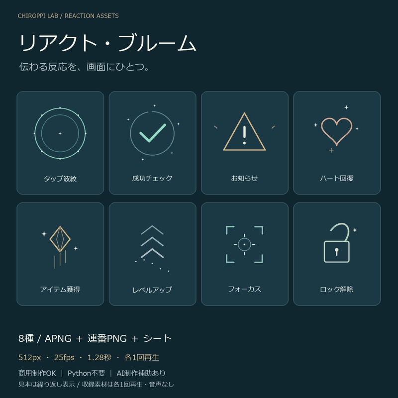 リアクト・ブルーム|単発UI演出8種・透過APNG/連番PNG/シート