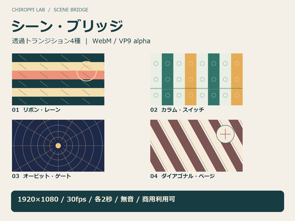 シーン・ブリッジ｜透過トランジション4種・WebM・切替位置表付き