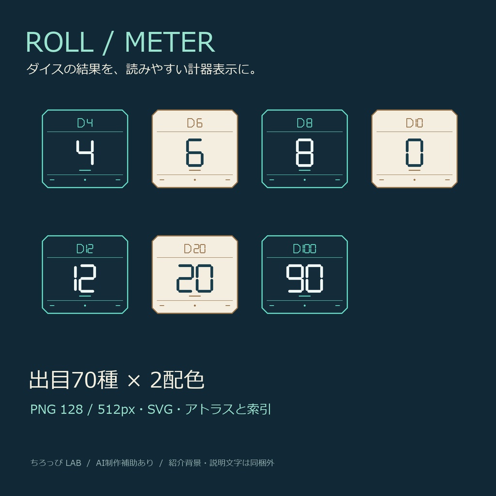 ロール・メーター|ダイス出目70種・デジタル計器風PNG/SVG
