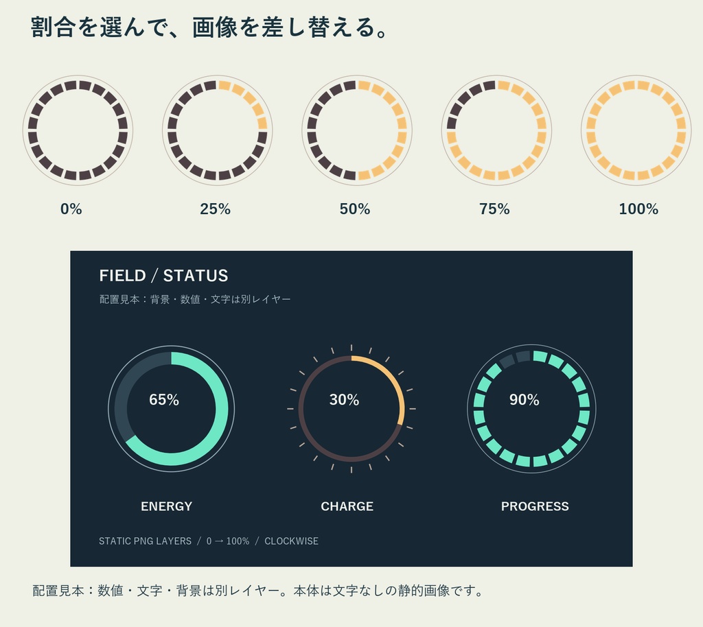 ラジアル・メーター|円形ゲージ3スタイル・21段階・透過PNG/SVG