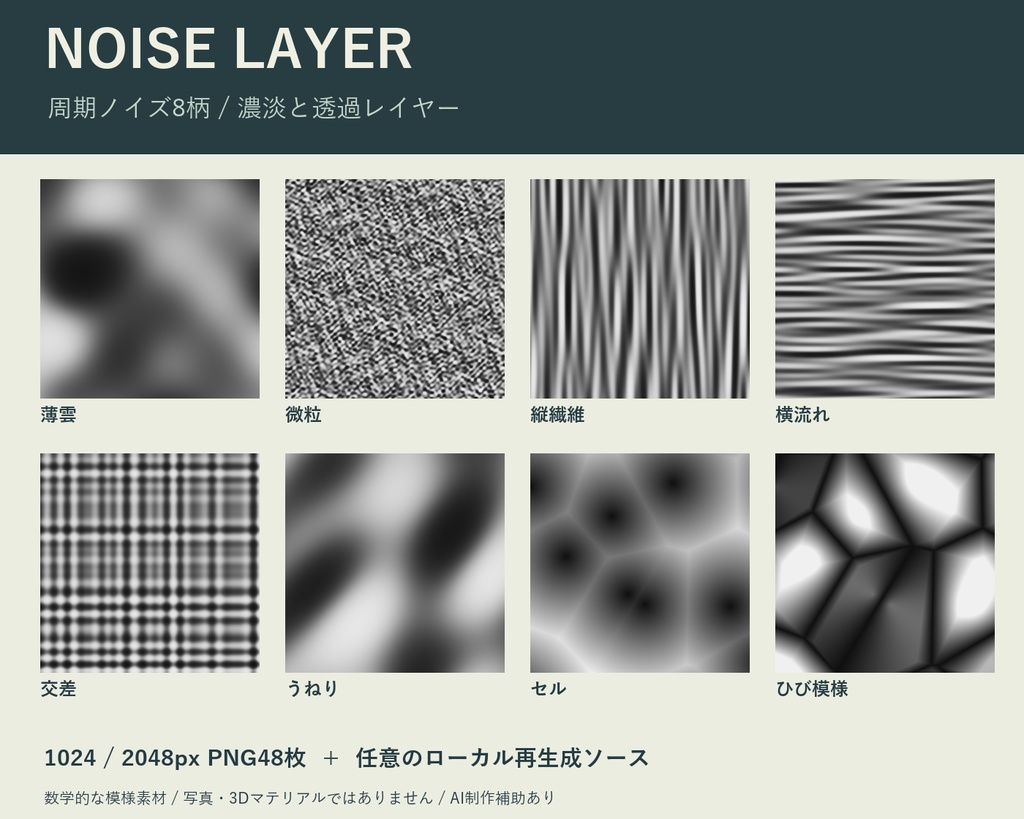 ノイズ・レイヤー｜周期模様8柄・1024/2048px PNG48枚