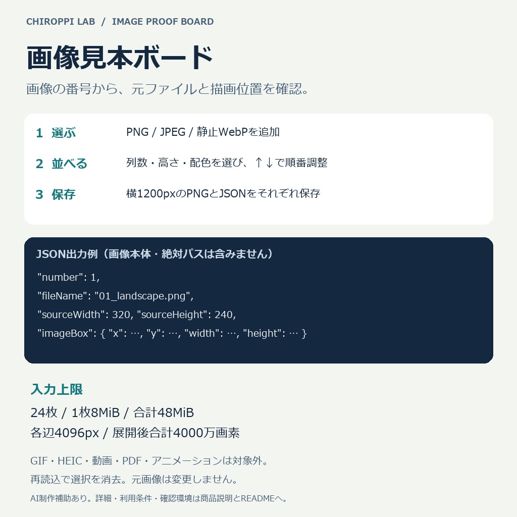 画像見本ボード|24枚までのPNG一覧・番号対応JSON・オフラインHTML