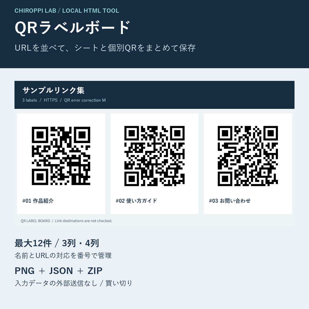 QRラベルボード｜12件のURLをシートPNG・個別QR・対応JSONへ