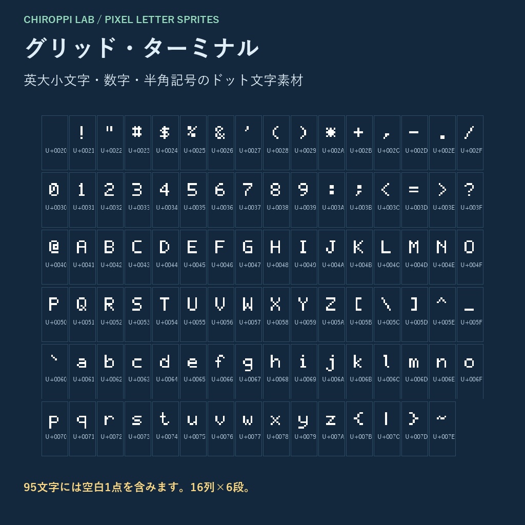 グリッド・ターミナル|英数95文字のドット文字PNG・アトラス・組版コード