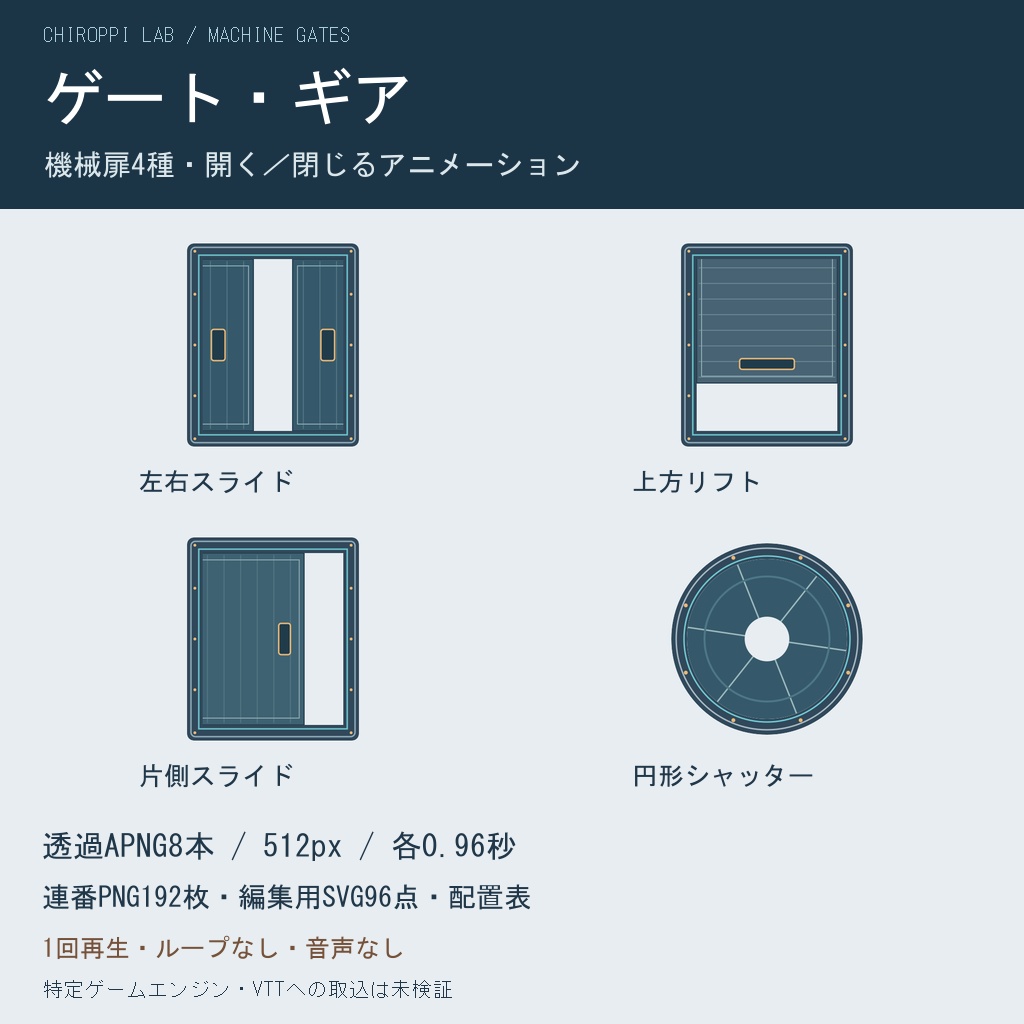 ゲート・ギア|機械扉4種の開閉・透過APNG/連番PNG・編集用SVG