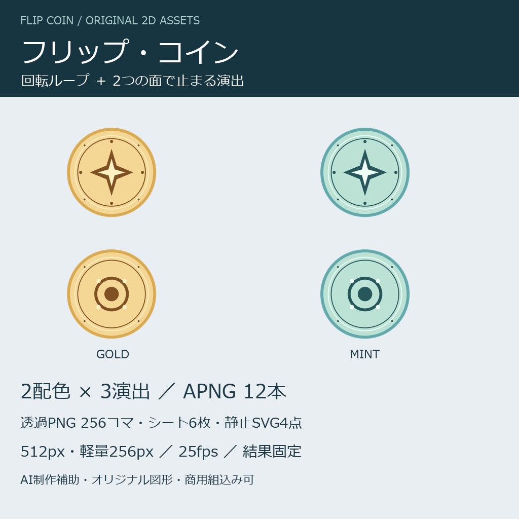 フリップ・コイン｜2配色・回転と表裏停止・透過APNG/PNG連番