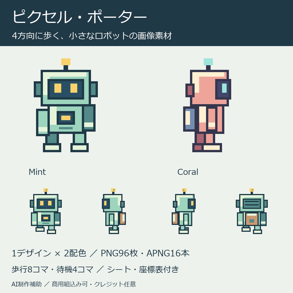 ピクセル・ポーター|小型ロボット4方向歩行・待機 PNG/APNG・シート付き