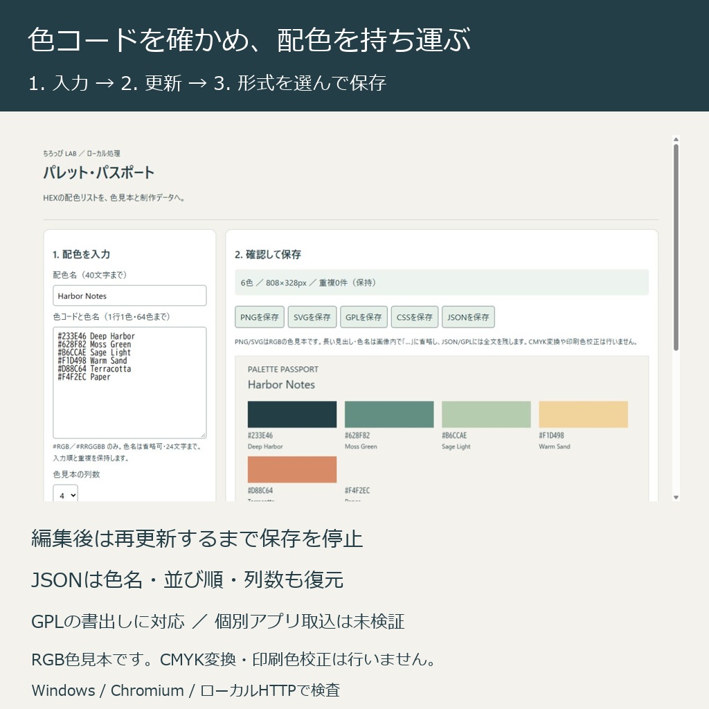 パレット・パスポート|HEX配色をPNG/SVG/GPL/CSS/JSONへ・ローカルHTML