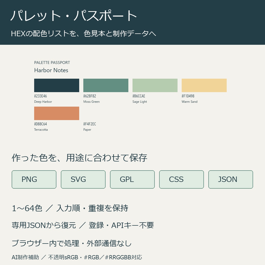 パレット・パスポート｜HEX配色をPNG/SVG/GPL/CSS/JSONへ・ローカルHTML