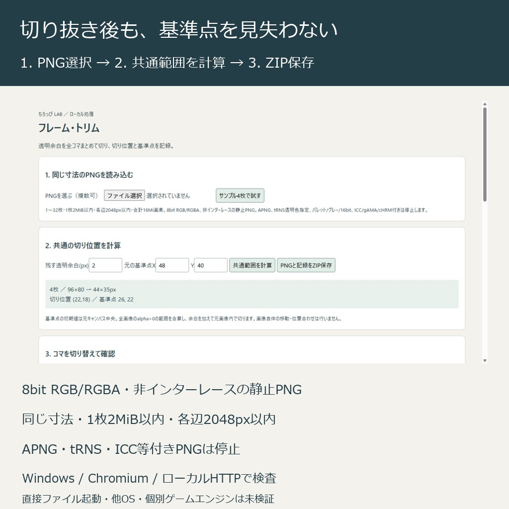 フレーム・トリム|連番PNGを共通範囲で切り抜き・基準点JSON付き