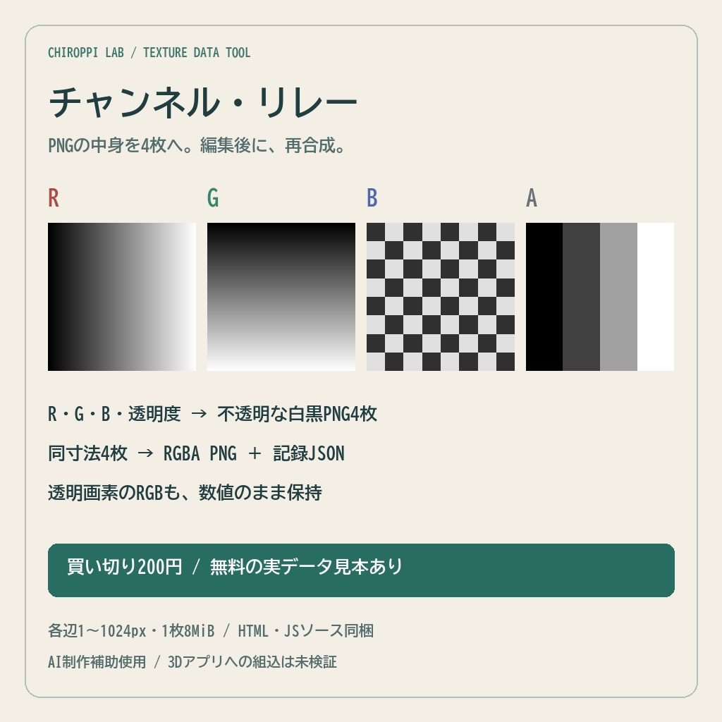 チャンネル・リレー|PNGのRGBAを4枚に分解・再合成・SHA記録【無料見本】