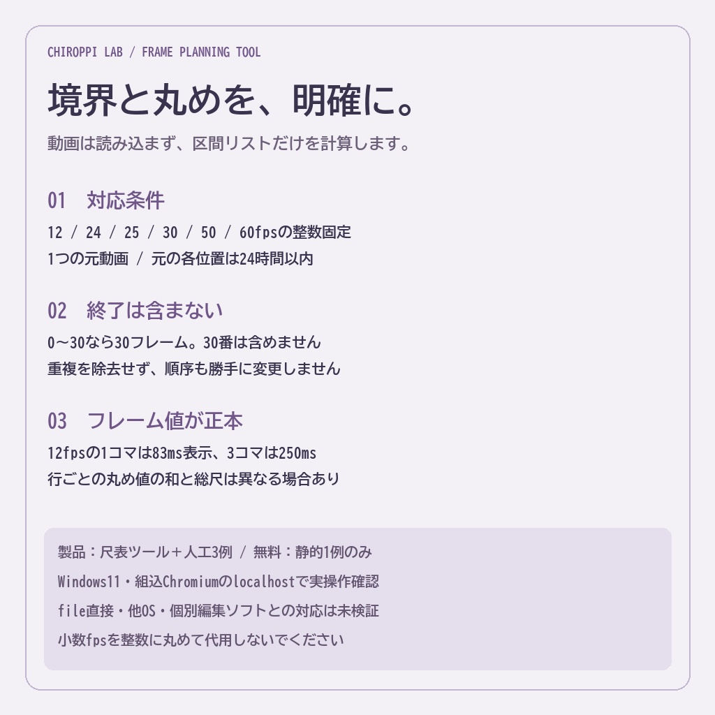 フレーム・スパン|整数fps専用・切り抜き区間の尺表HTML/JSON【無料見本】