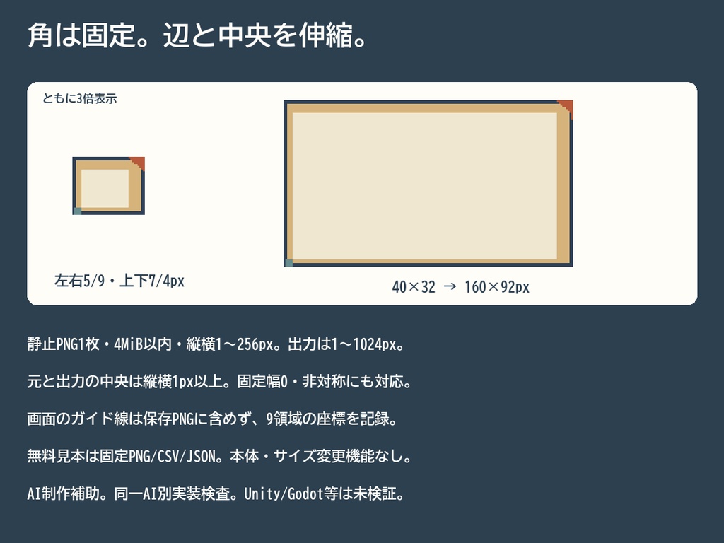 ナイン・フィット|四隅を保ってPNG枠をサイズ変更・9領域CSV/JSON【無料見本】