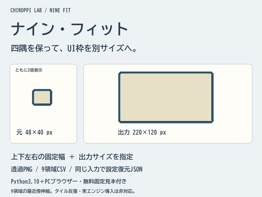 ナイン・フィット|四隅を保ってPNG枠をサイズ変更・9領域CSV/JSON【無料見本】