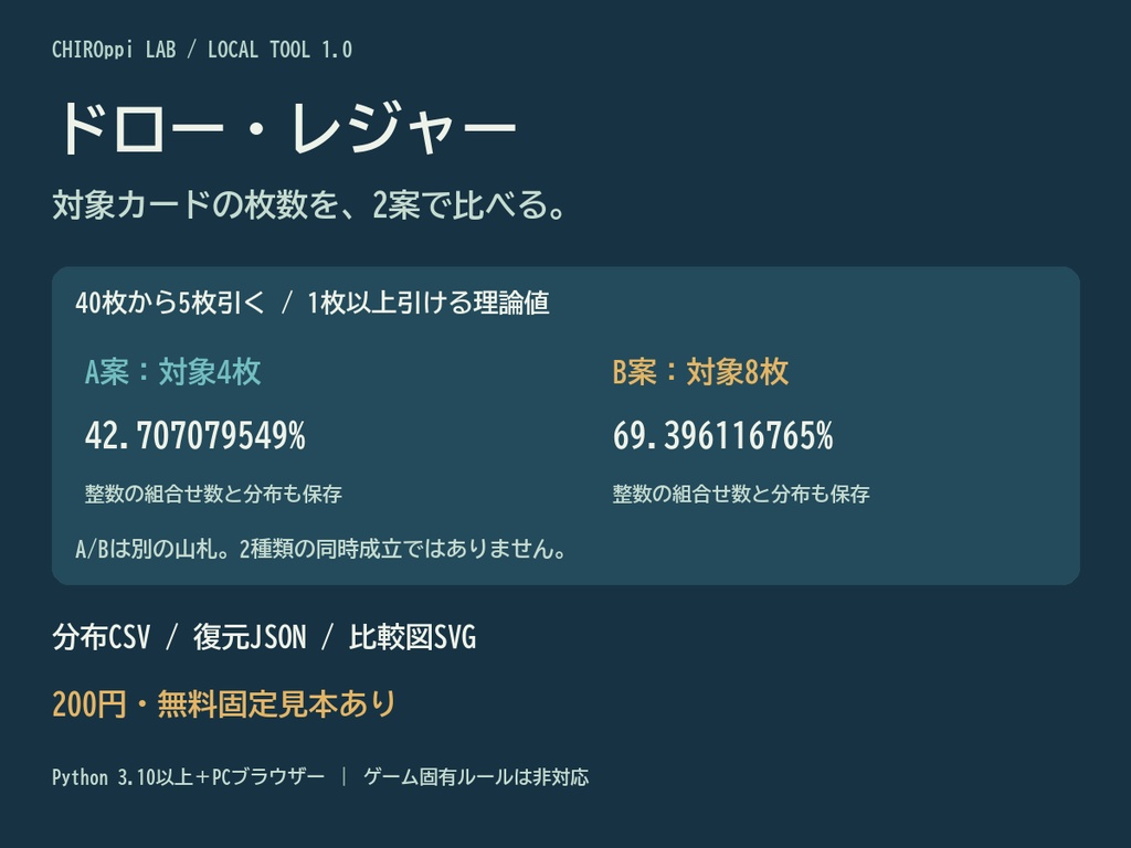 ドロー・レジャー|山札の2案比較・引ける枚数の分布CSV/JSON/SVG【無料見本】