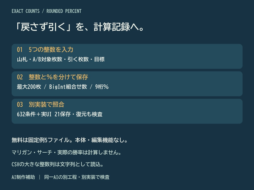 ドロー・レジャー|山札の2案比較・引ける枚数の分布CSV/JSON/SVG【無料見本】