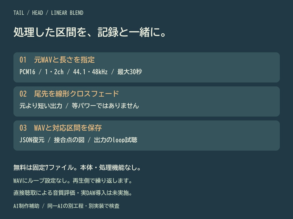 ループ・ブレンド|WAVの尾先クロスフェード・処理区間CSV/JSON/SVG【無料見本】
