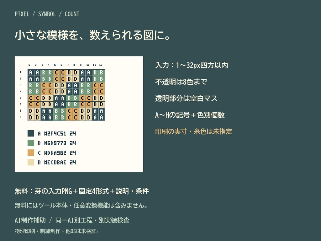 ステッチ・グリッド|少色PNGを記号図と色別個数へ・PNG/SVG/CSV/JSON【無料見本】