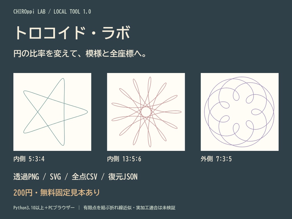 トロコイド・ラボ｜幾何学模様の透過PNG/SVG・全座標CSV/復元JSON【無料見本】