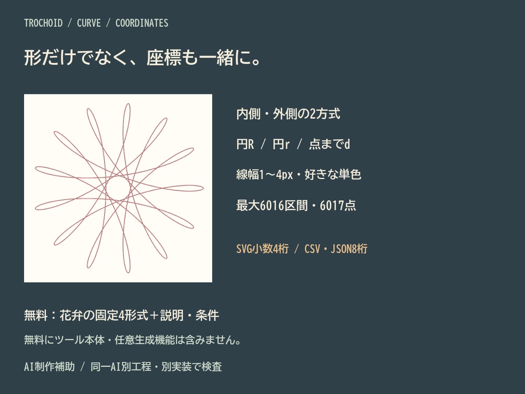 トロコイド・ラボ|幾何学模様の透過PNG/SVG・全座標CSV/復元JSON【無料見本】