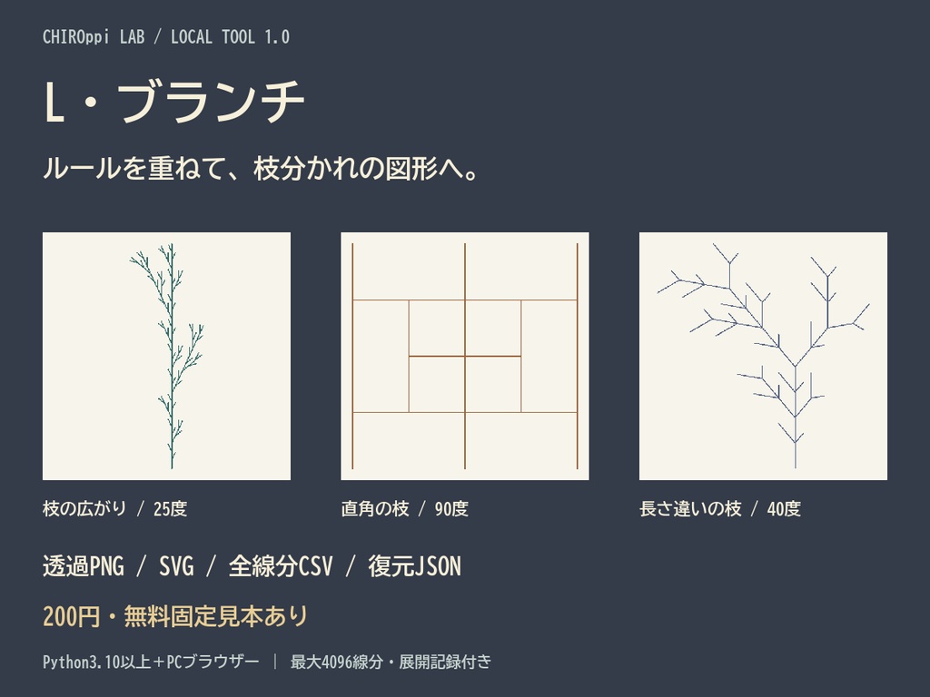 L・ブランチ｜枝分かれルールから透過PNG/SVG・全線分CSV/復元JSONへ【無料見本】